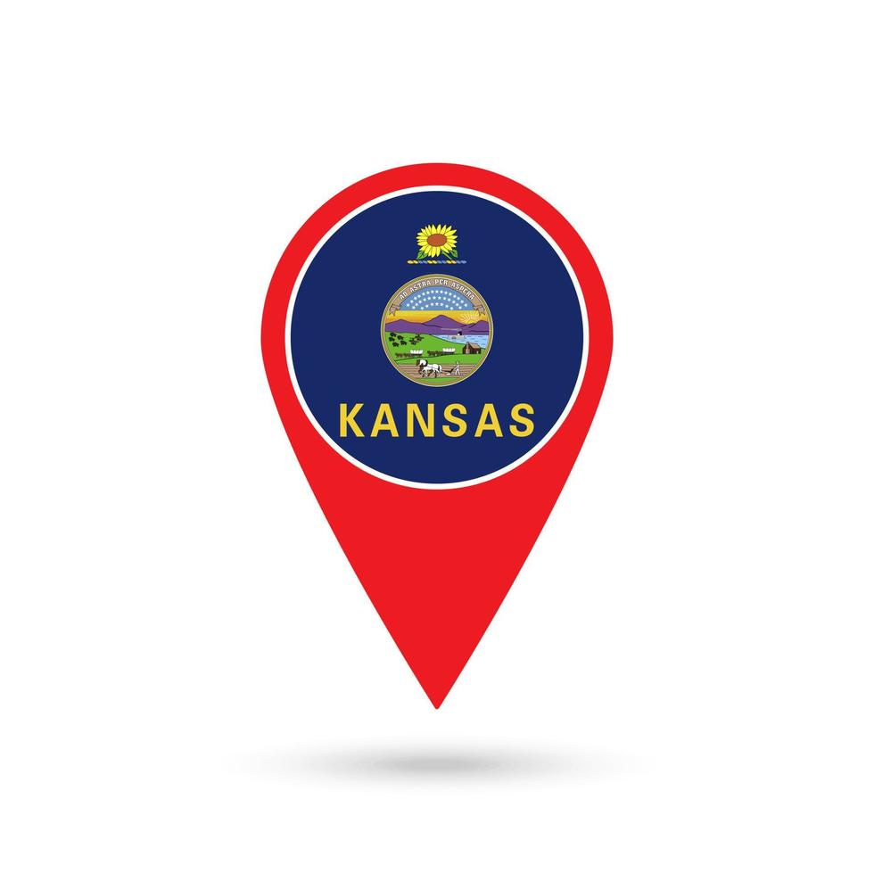 Map pointer with flag of Kansas. Vector illustration.