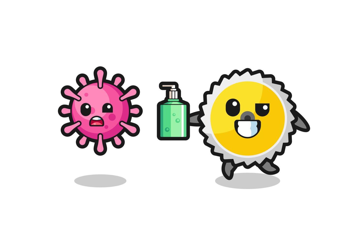 illustration of saw blade character chasing evil virus with hand sanitizer vector
