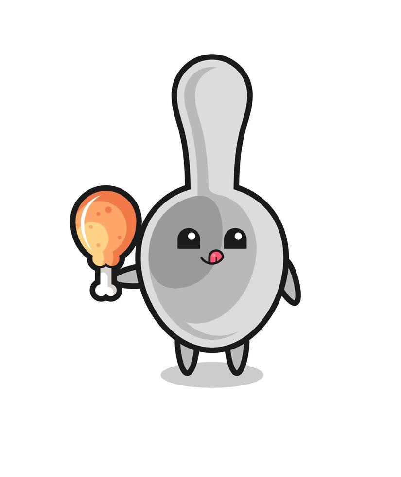 spoon cute mascot is eating a fried chicken vector