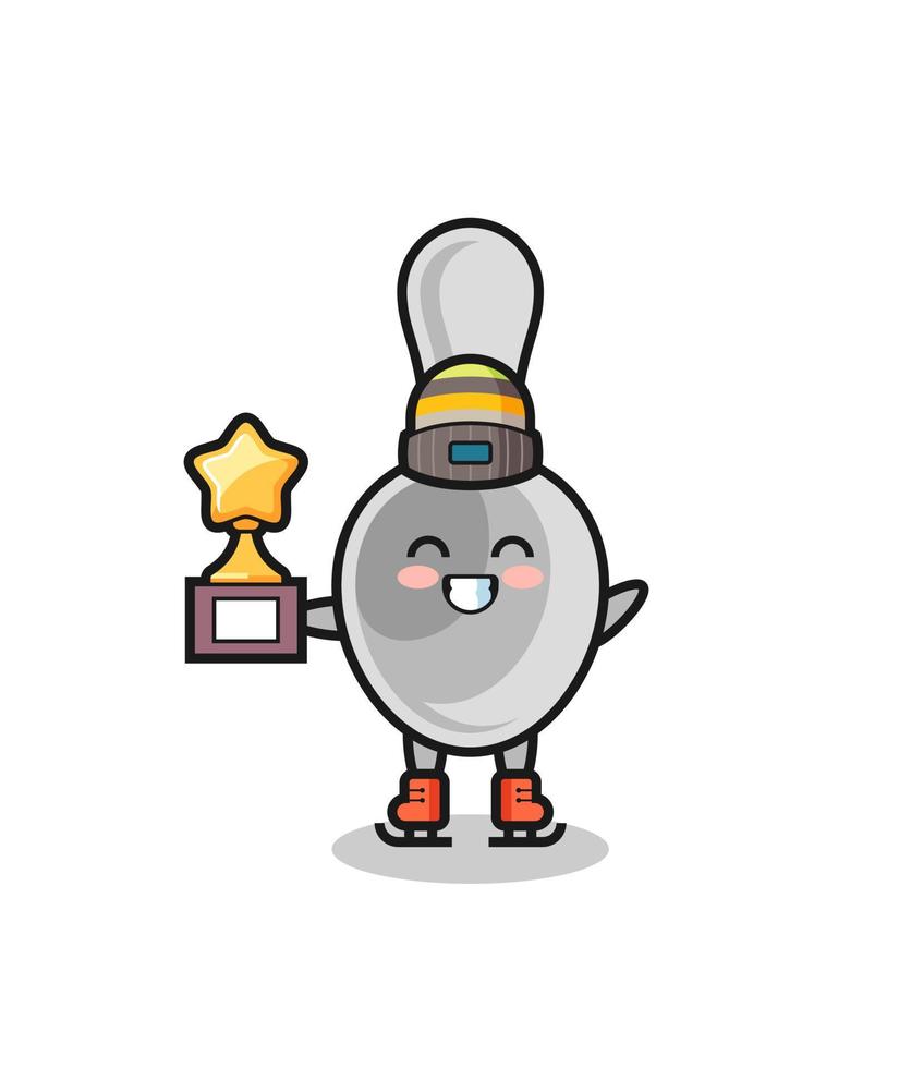 spoon cartoon as an ice skating player hold winner trophy vector