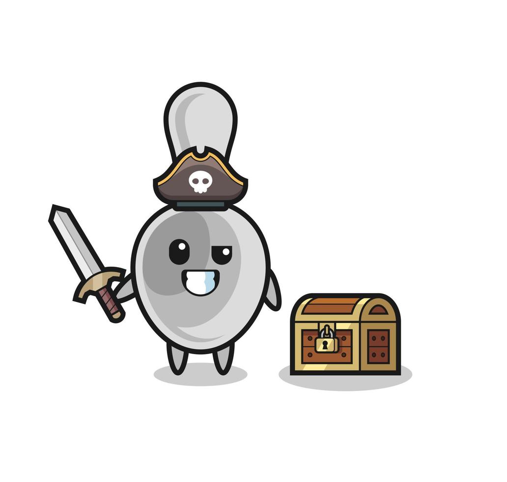 the spoon pirate character holding sword beside a treasure box vector