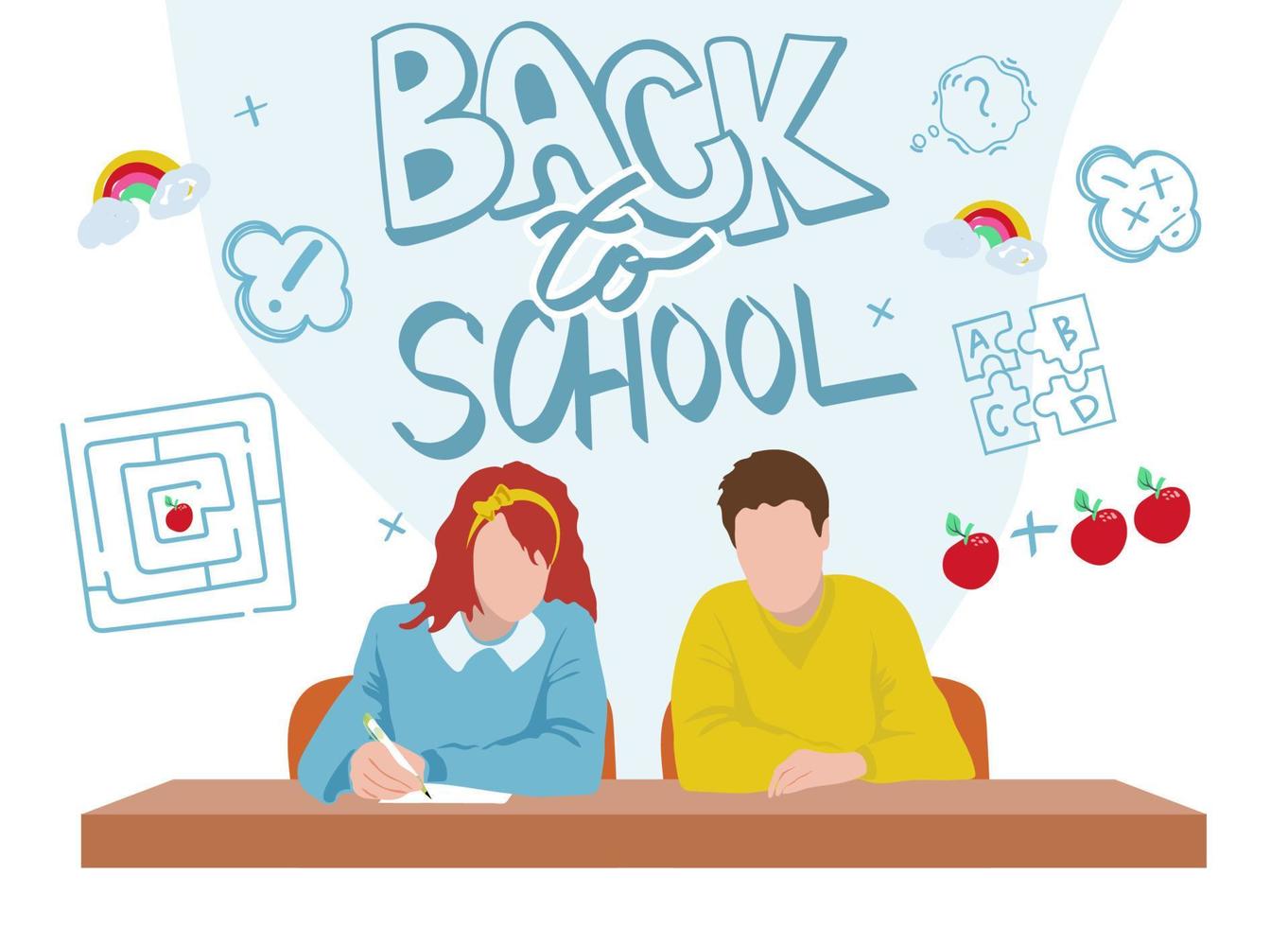 Handwritten lettering Back to school . Class with students. A couple of students. The girl is writing a task. The books on the table. School desk. Vector illustration in a flat style