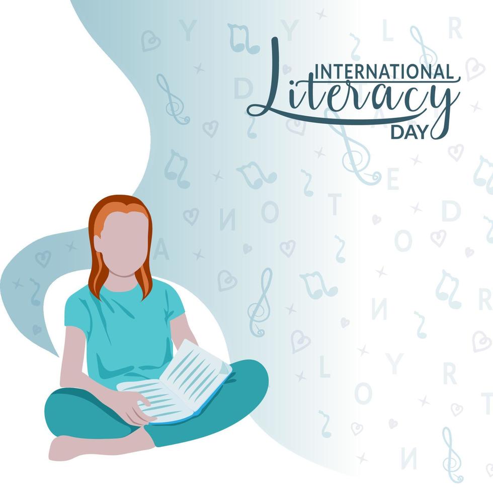 Illustration for International Literacy Day. Hand-drawn girl with a book. Flying letters with musical notes and a treble clef. Education or reading imagination concept for learning activities vector