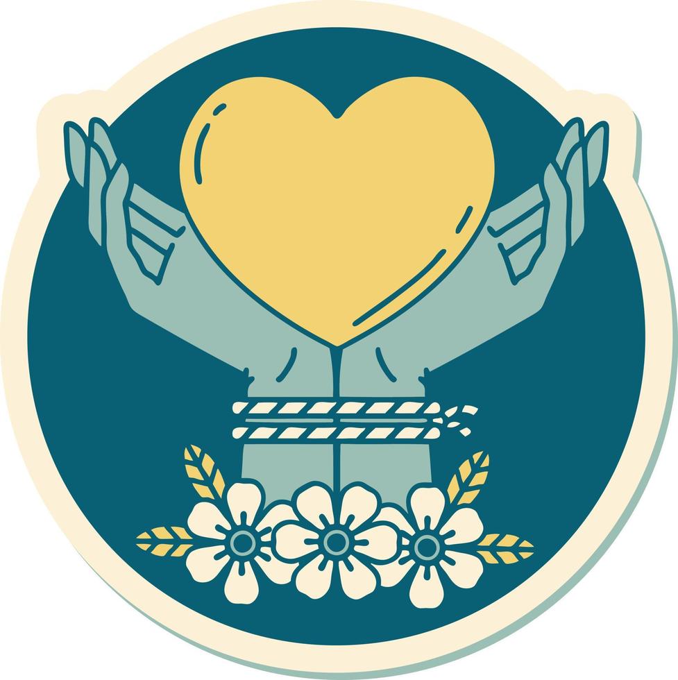 sticker of tattoo in traditional style of tied hands and a heart vector
