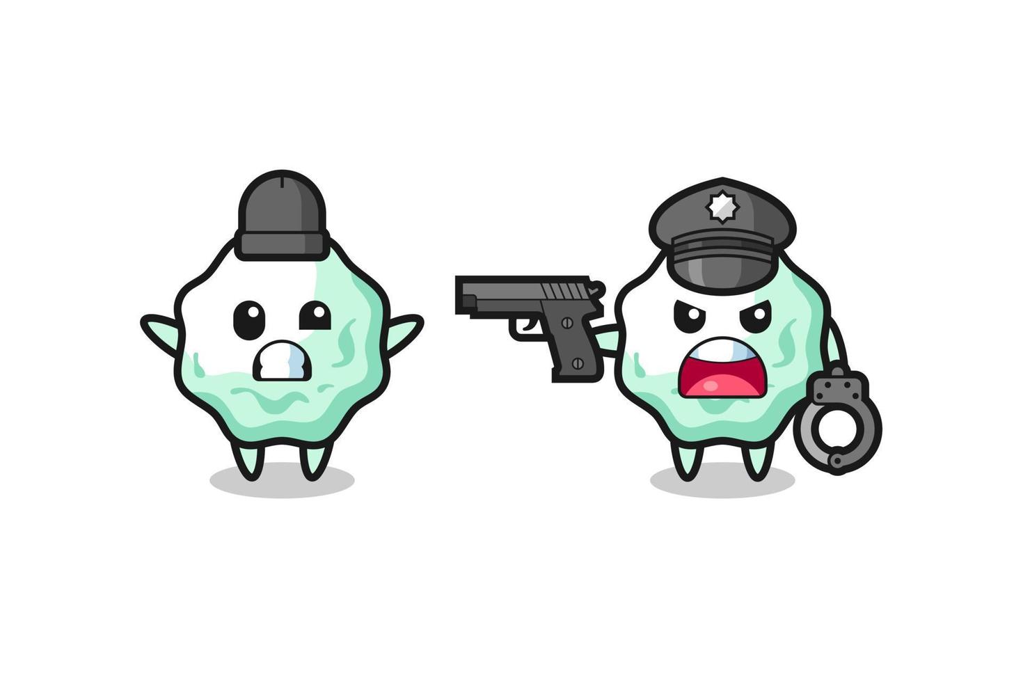 illustration of chewing gum robber with hands up pose caught by police vector