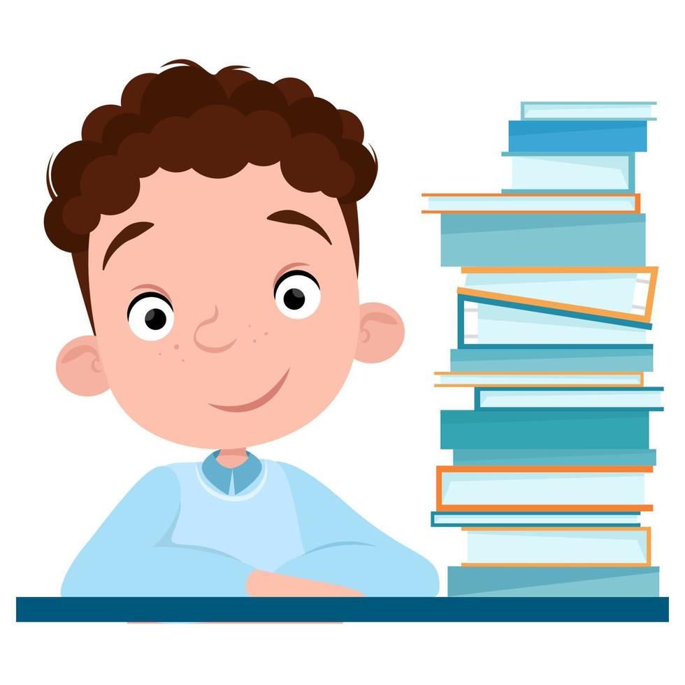 Curly cute boy pupil smiling and book side view vector