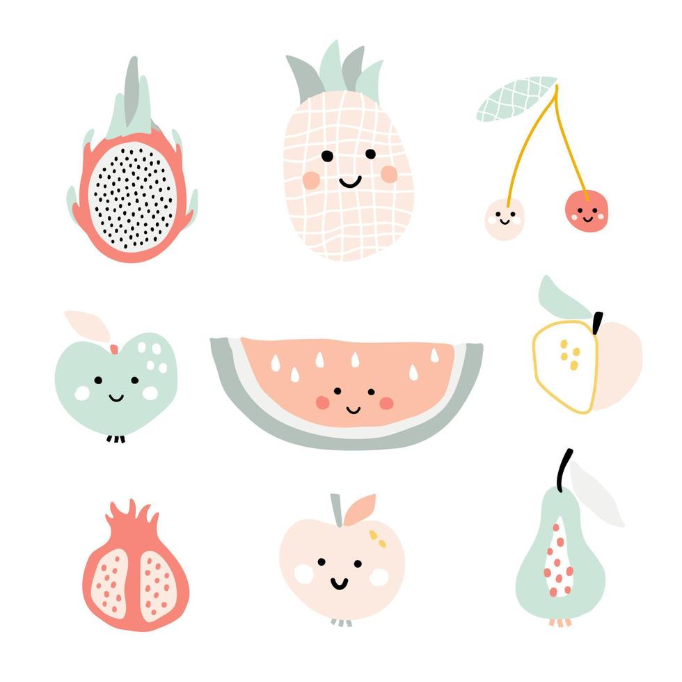 lindo conjunto de frutas vectoriales sonrientes aisladas sobre fondo blanco. ilustración de alimentos para diseño e impresiones. vector