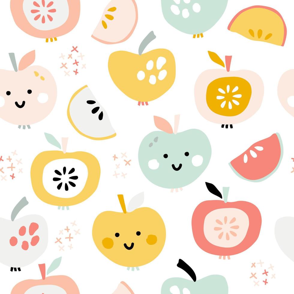 Fruit print on a white background. Cute hand-drawn smiling apples of different shapes and colors. Seamless pattern with food vector illustration for kitchen room wallpaper or towel fabric.