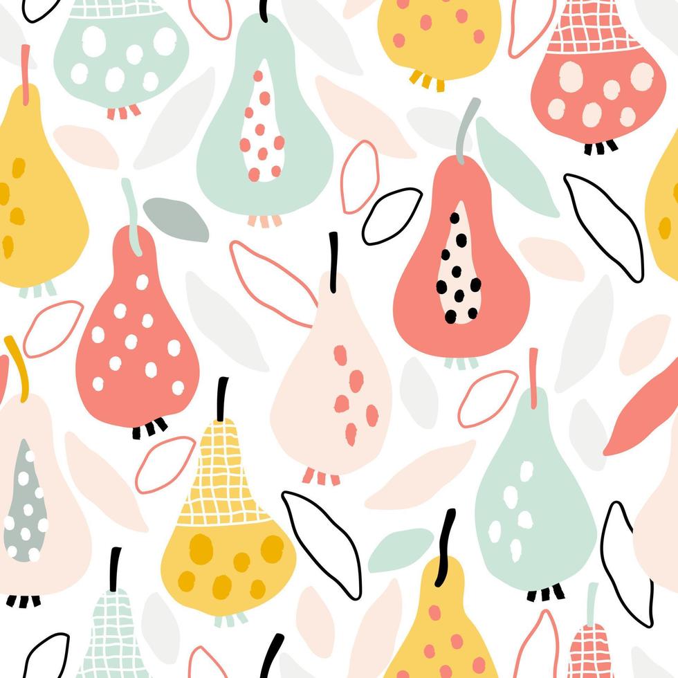 Multicolored pears are hand-drawn. Abstract cute fruits on white background in modern style for kitchen or apron. Seamless pattern with vector illustrations of food for a towel or tablecloth.