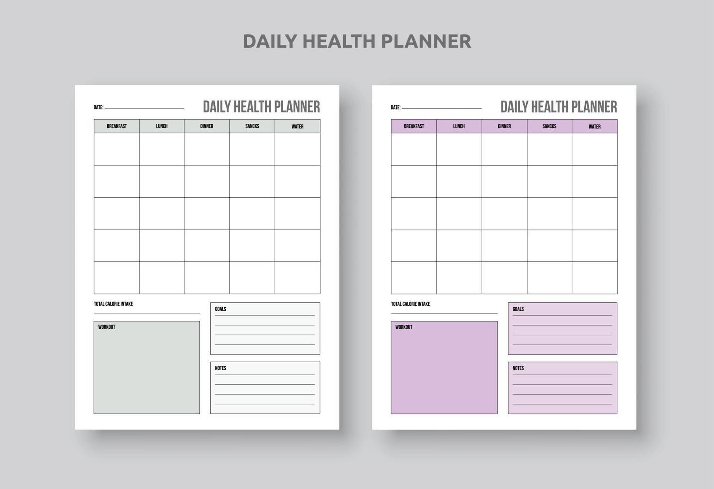 PrinDaily Health Meal planner Schedule. Diet plan. Fitness, Notes, To-Do List vector