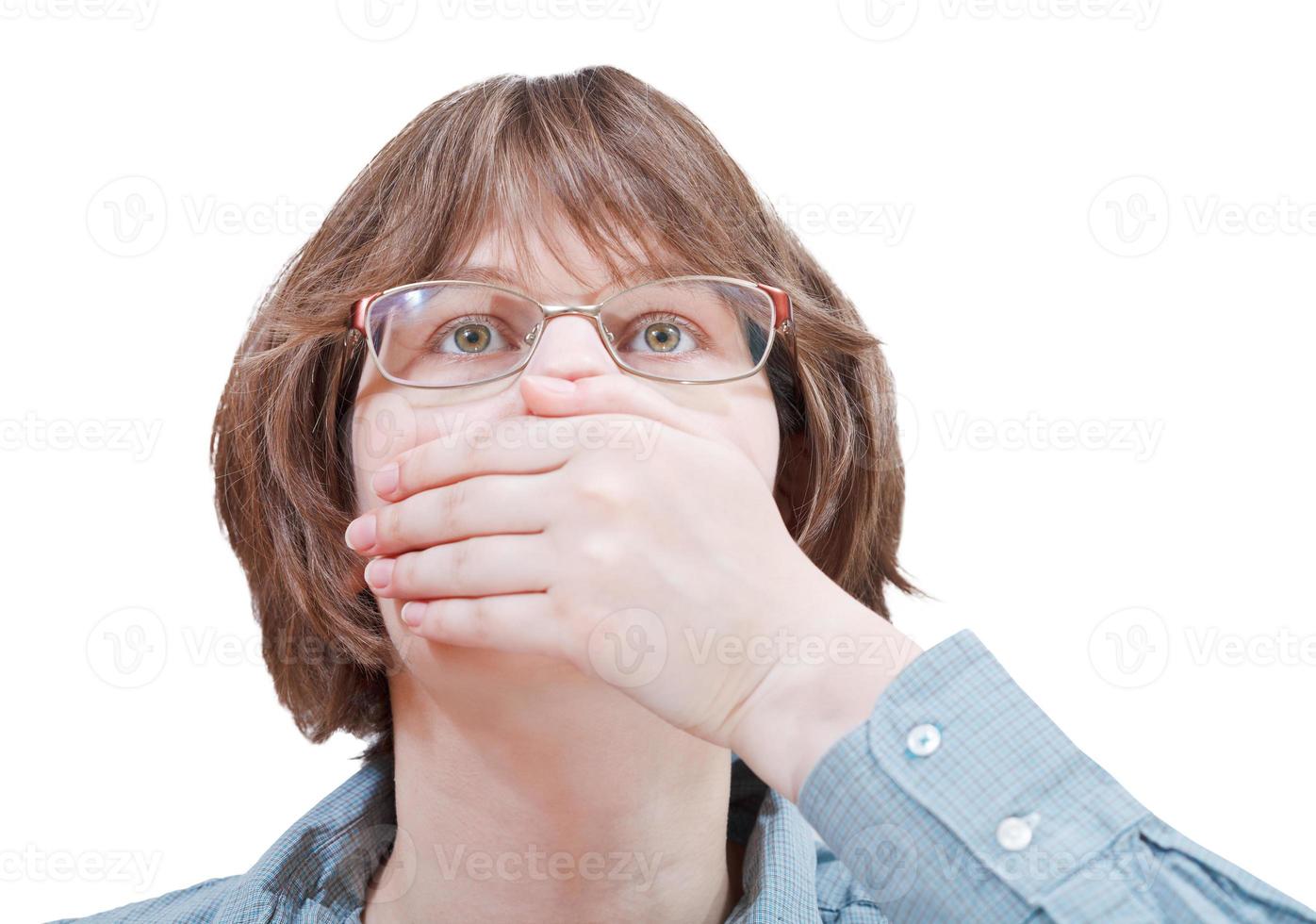 front view of arm closing mouth - hand gesture photo