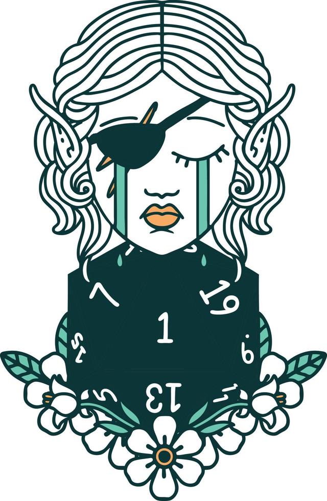 Retro Tattoo Style crying elf rogue character face with natural one D20 roll vector