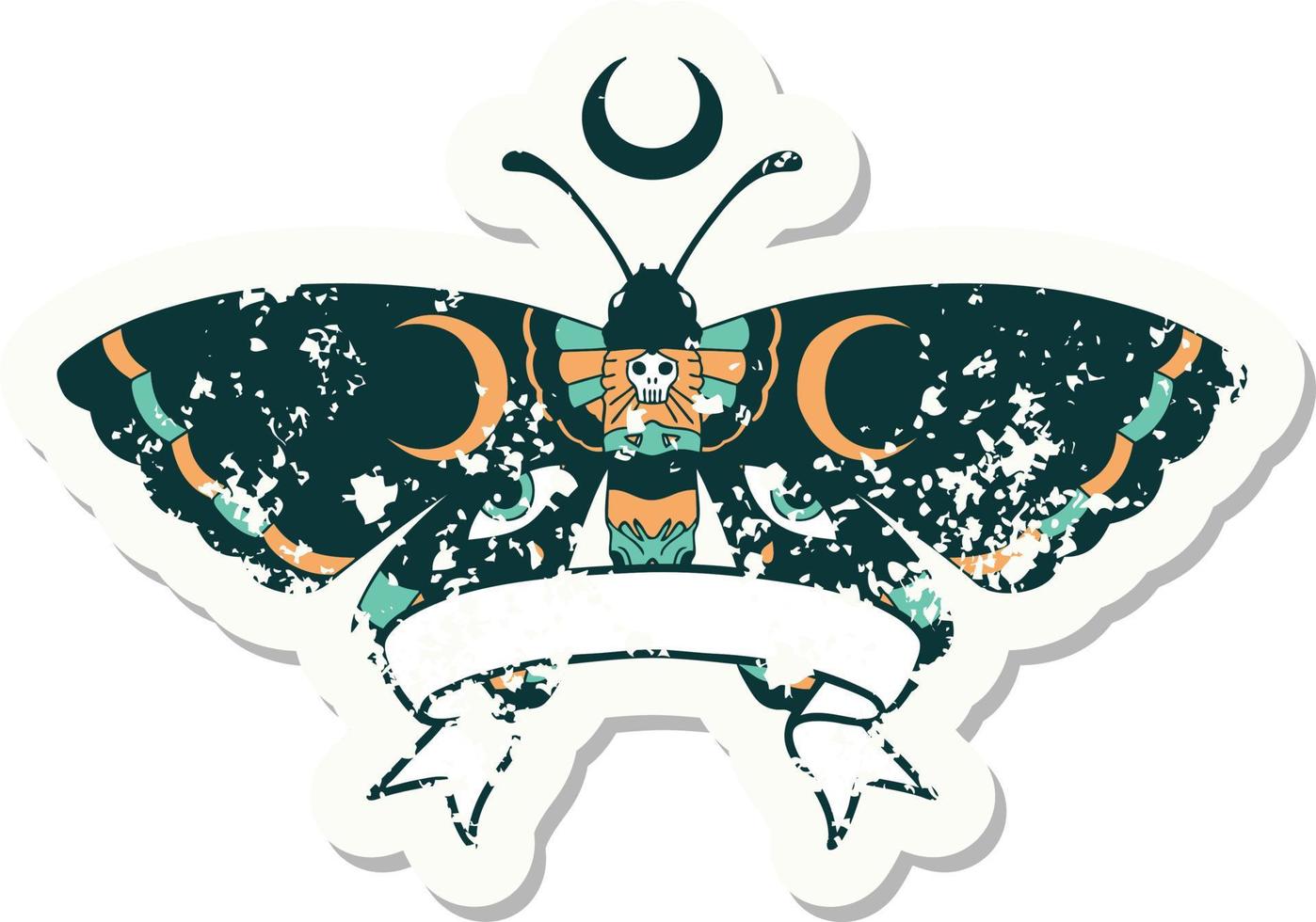 worn old sticker with banner of a moth vector