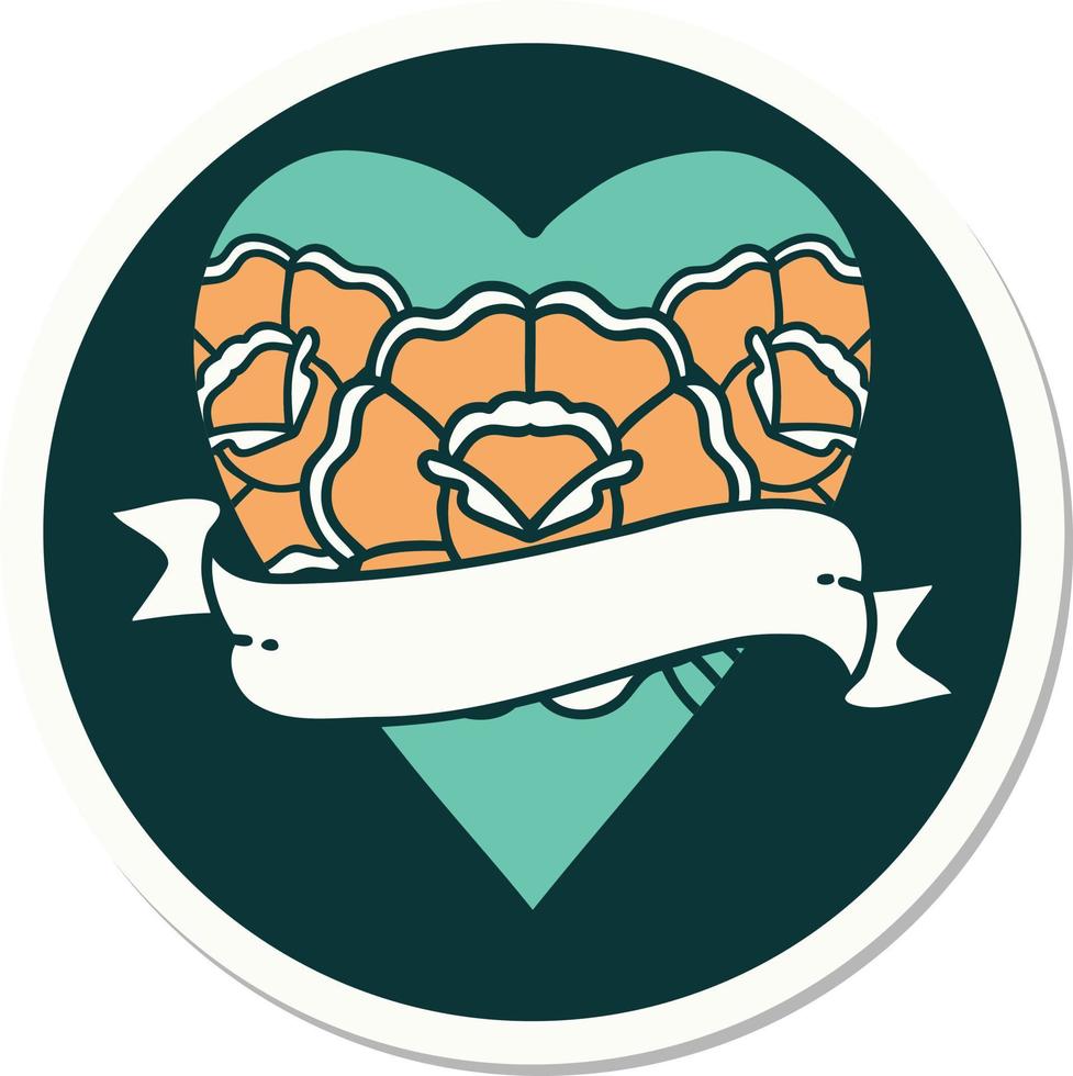 sticker of tattoo in traditional style of a heart and banner with flowers vector