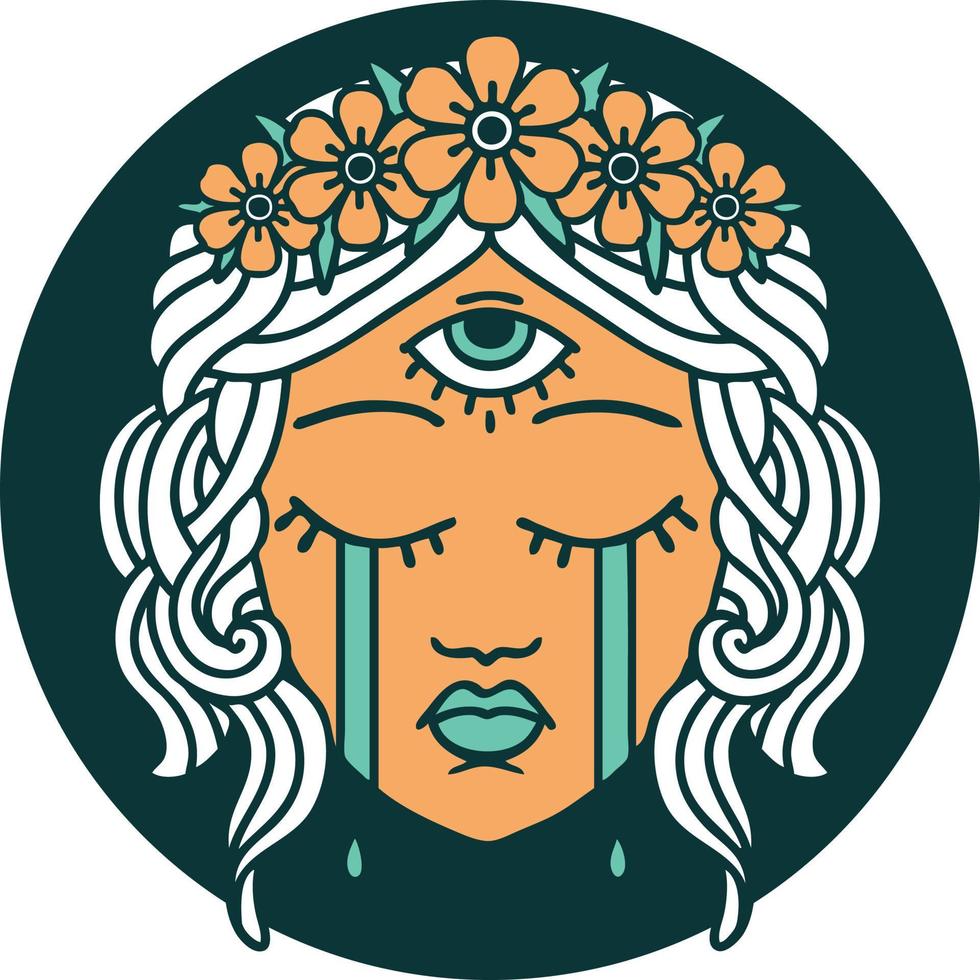 iconic tattoo style image of female face with mystic third eye crying vector