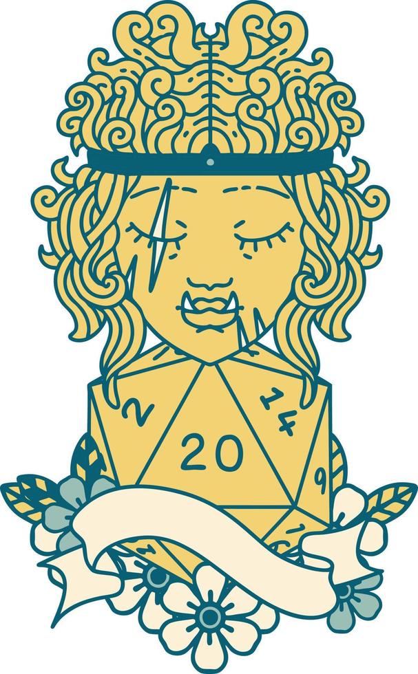 Retro Tattoo Style half orc barbarian character with natural twenty dice roll vector