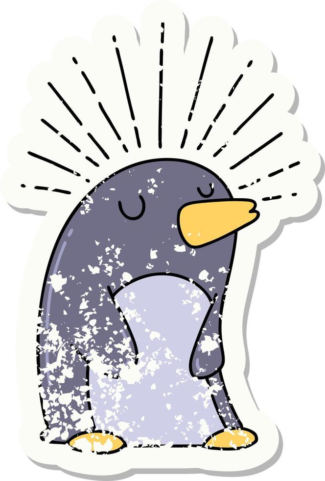 worn old sticker of a tattoo style happy penguin vector