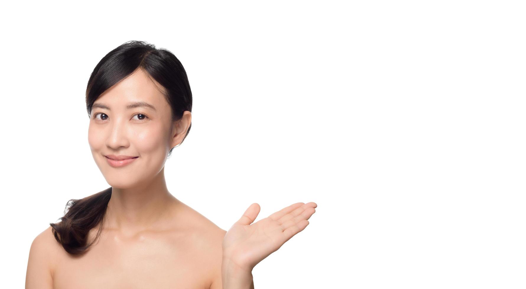 Portrait of beautiful young asian woman clean fresh bare skin concept. Asian girl beauty face skincare and health wellness, Facial treatment, Perfect skin, Natural make up on white background photo