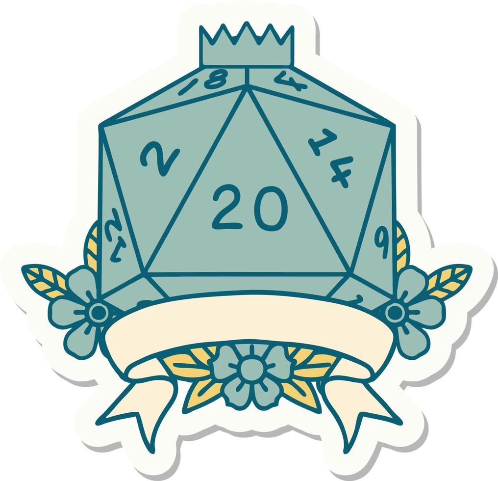 sticker of a natural 20 critical hit D20 dice roll vector