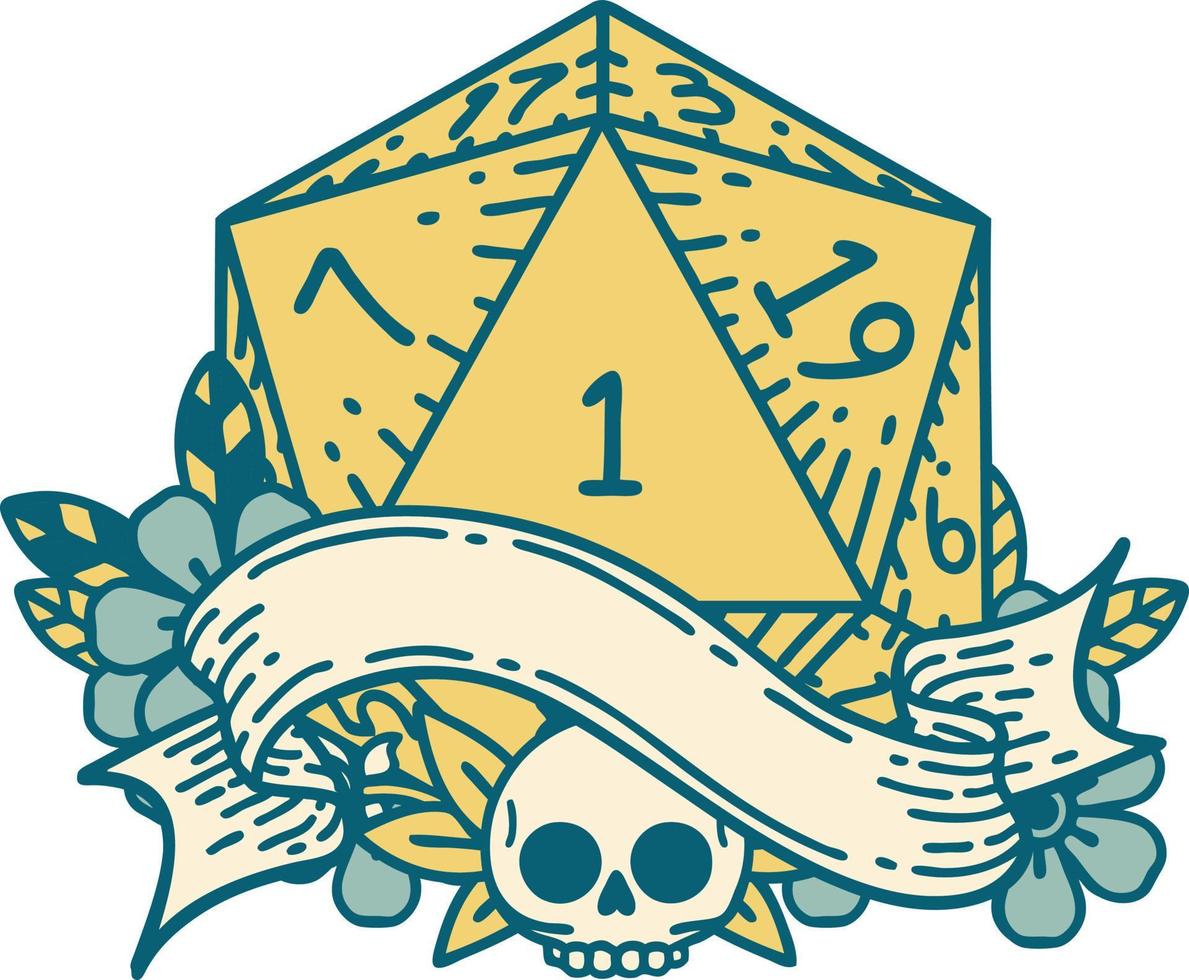 Retro Tattoo Style natural one d20 dice roll vector