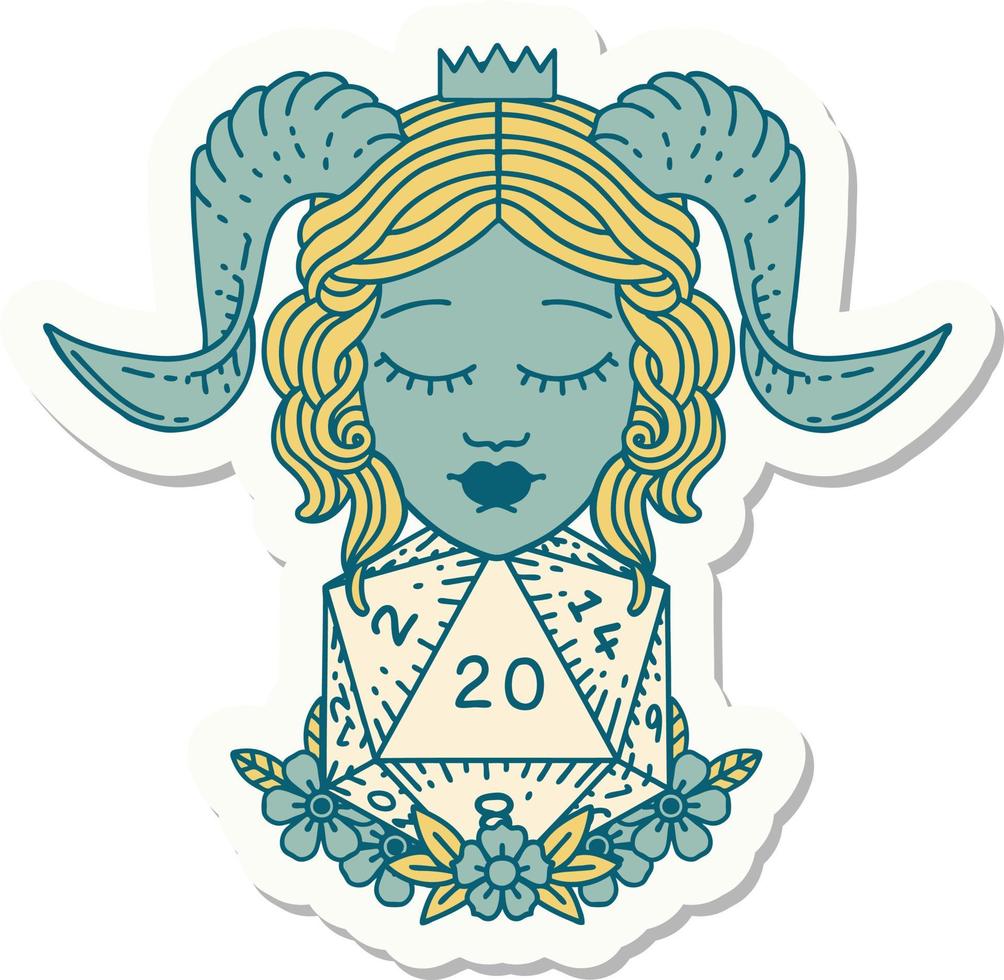 sticker of a tiefling with natural twenty d20 dice roll vector