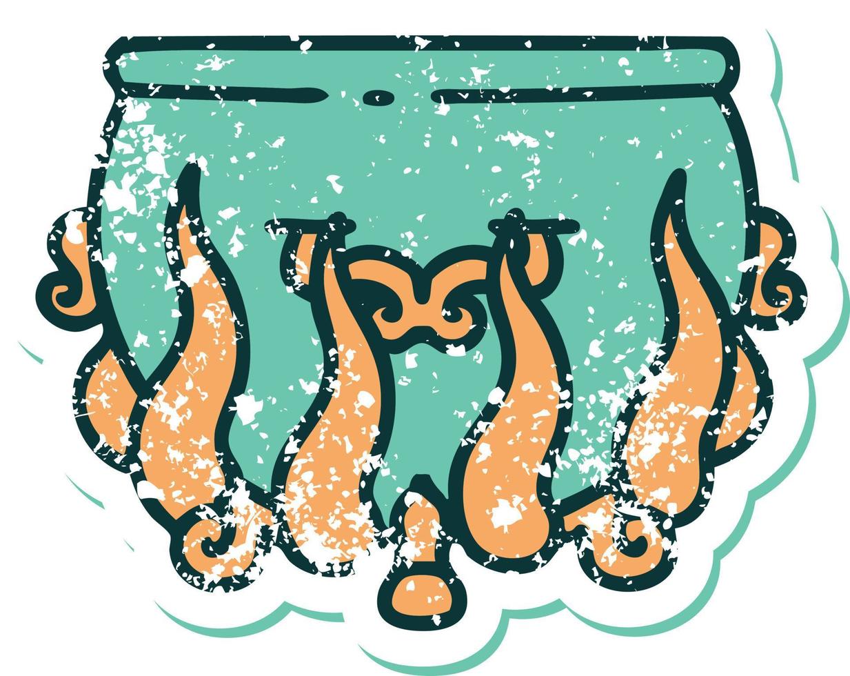 iconic distressed sticker tattoo style image of a lit cauldron vector