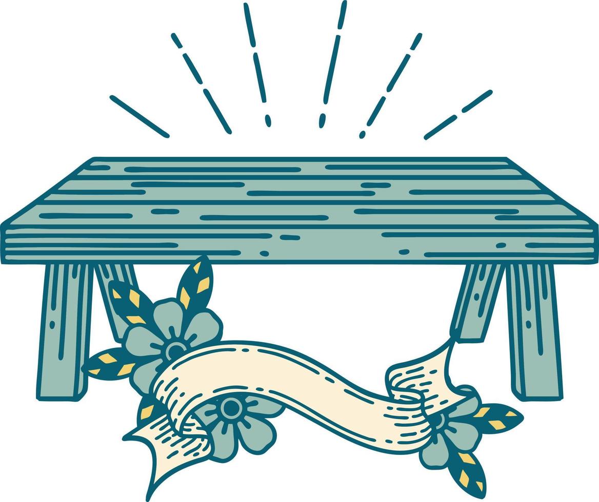 banner de desplazamiento con mesa de madera estilo tatuaje vector