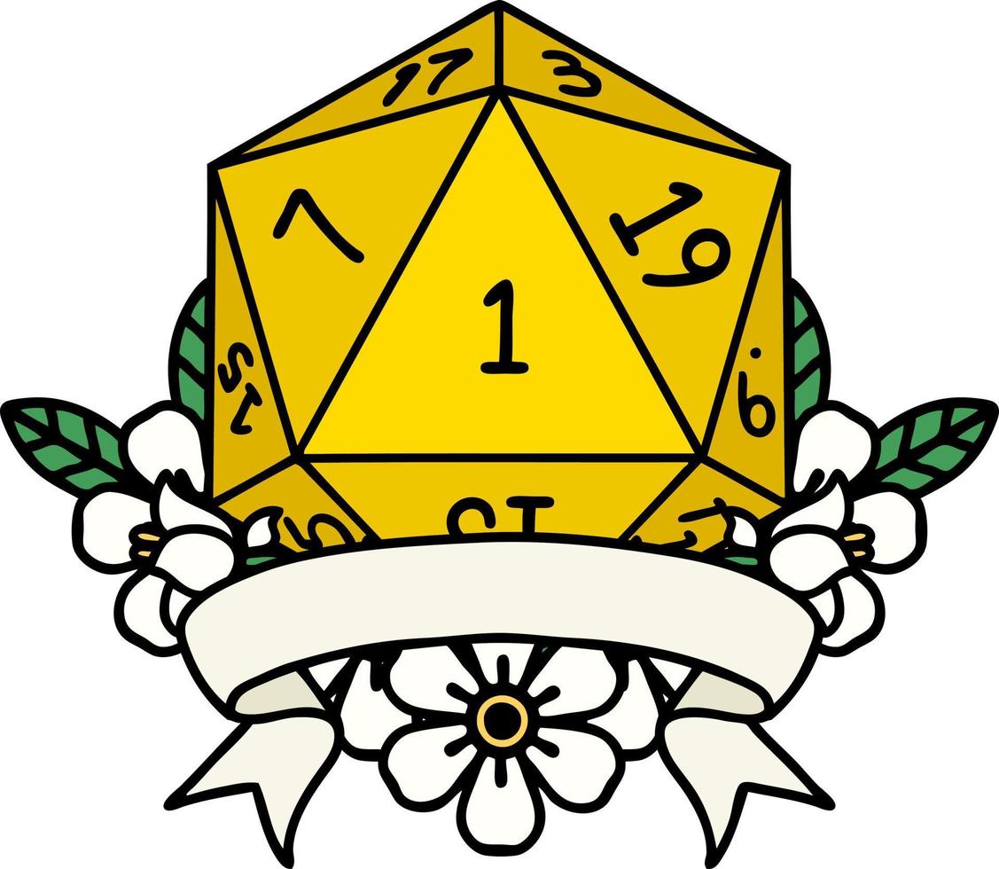 Retro Tattoo Style natural one d20 dice roll vector