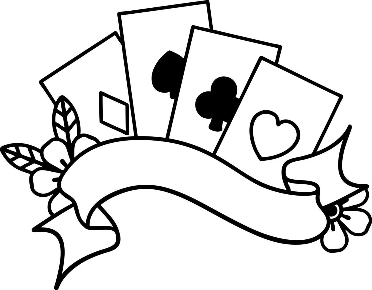 tattoo in black line style of cards and banner with flowers vector