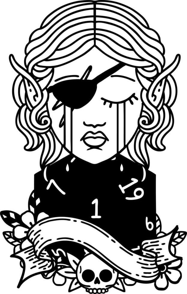 Black and White Tattoo linework Style sad elf rogue character face with natural one d20 roll vector