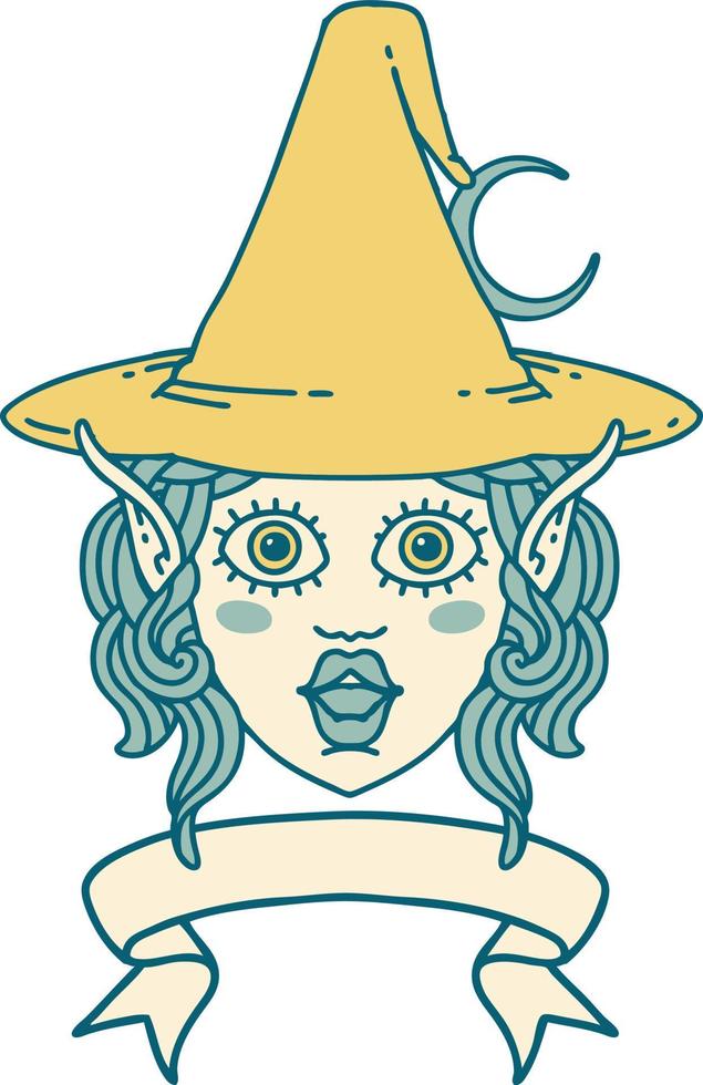 Retro Tattoo Style elf mage character face with banner vector