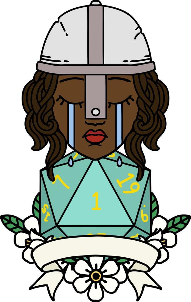 Retro Tattoo Style crying human fighter with natural one D20 dice vector