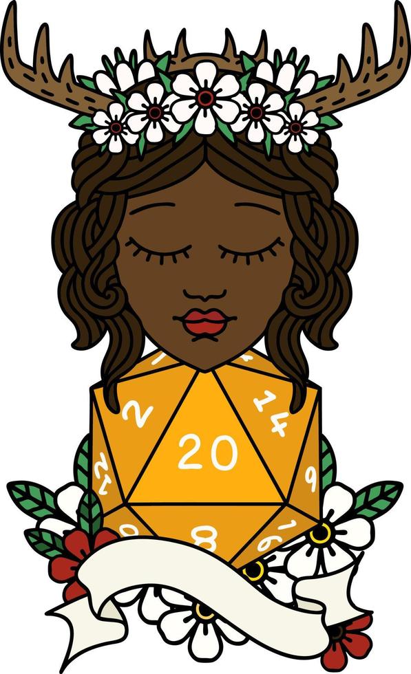 Retro Tattoo Style human druid with natural twenty dice roll vector