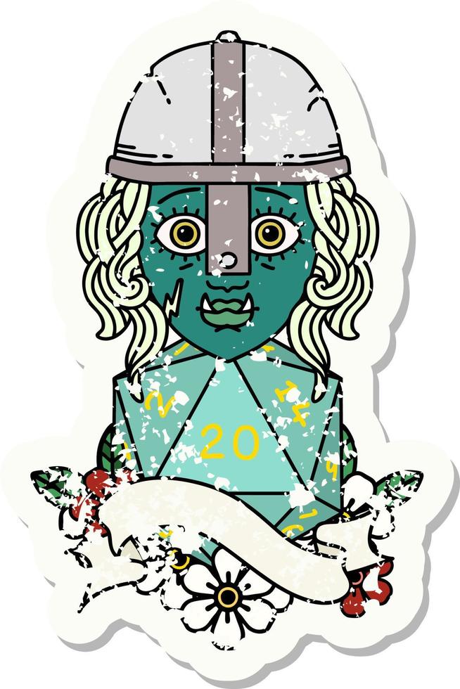 Retro Tattoo Style half orc fighter character with natural 20 dice roll vector