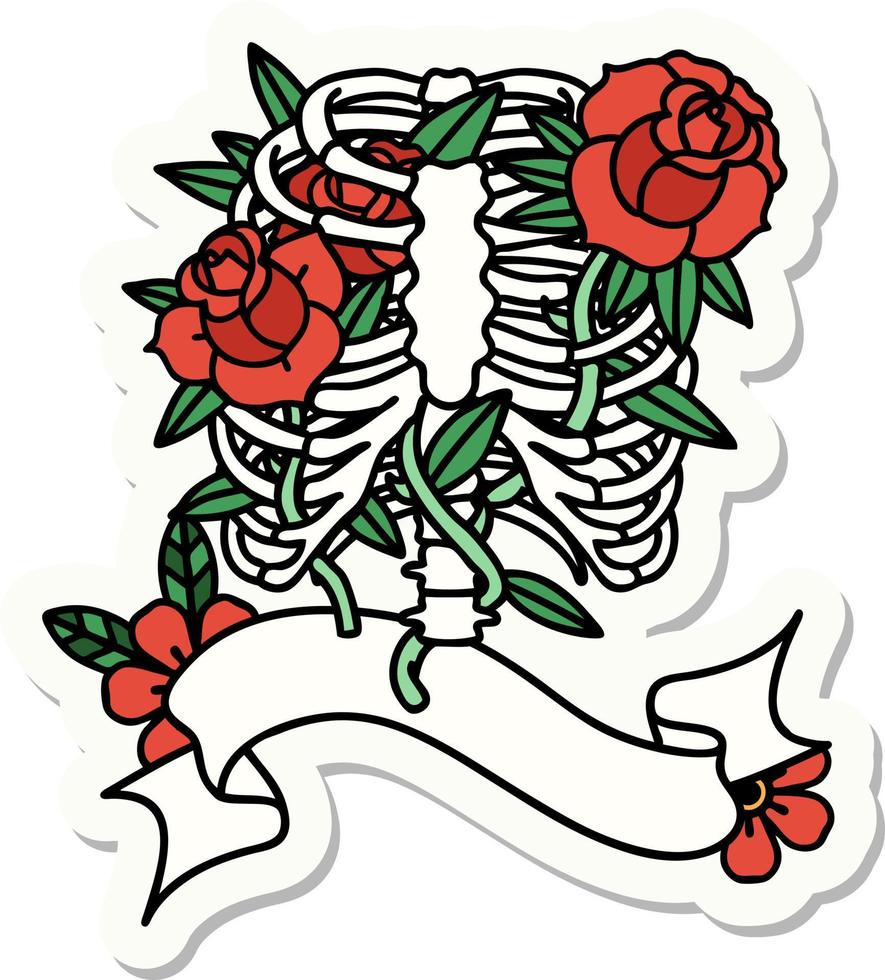 tattoo style sticker with banner of a rib cage and flowers vector