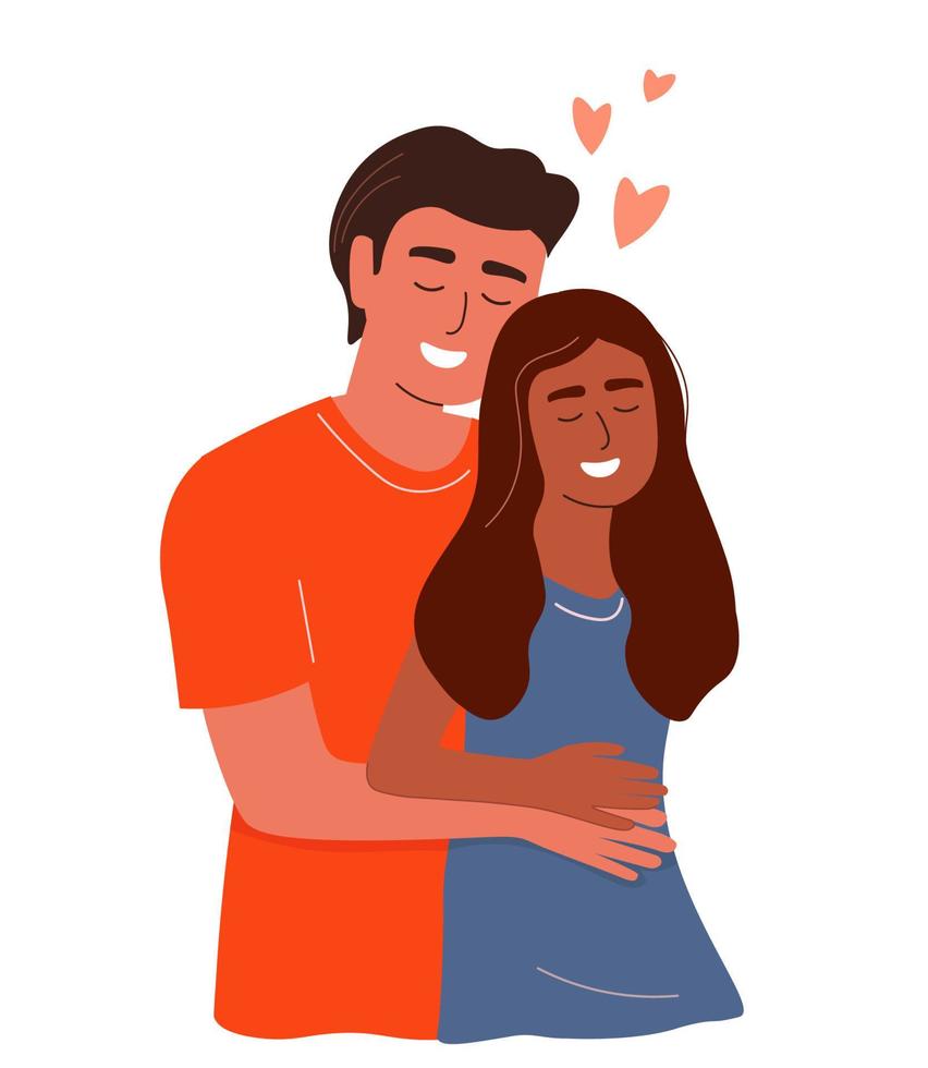 A couple in love hugs. A guy and a girl together. Illustration for Valentine's Day. Vector graphics.