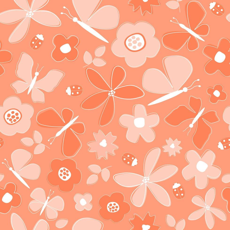 Abstract floral print with butterflies and ladybugs. Vector graphics.
