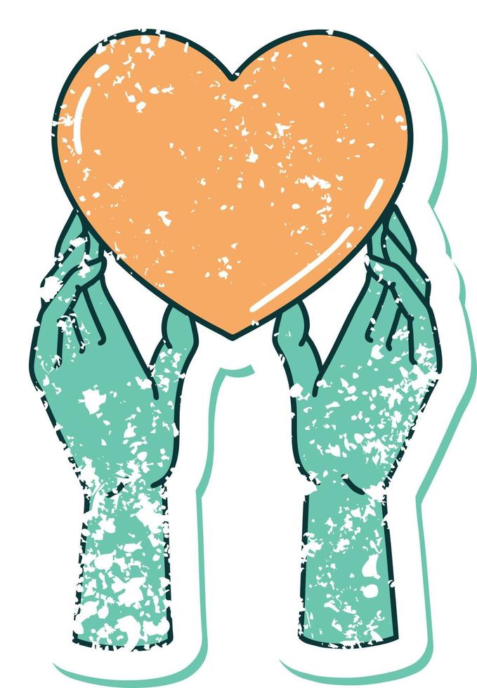 iconic distressed sticker tattoo style image of hands reaching for a heart vector