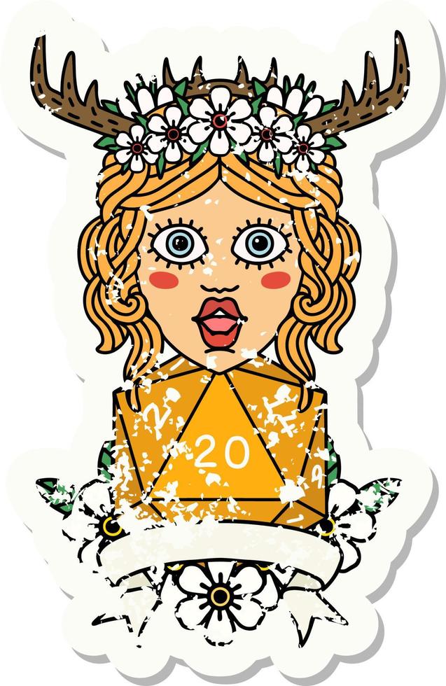 Retro Tattoo Style human druid with natural 20 dice roll vector