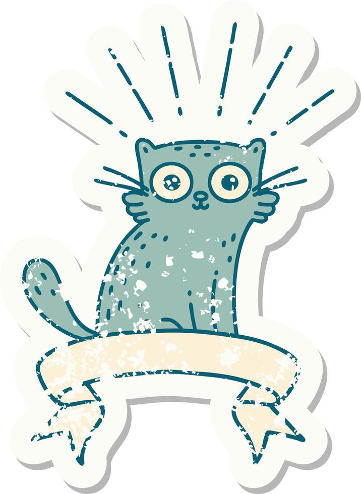 worn old sticker of a tattoo style surprised cat vector