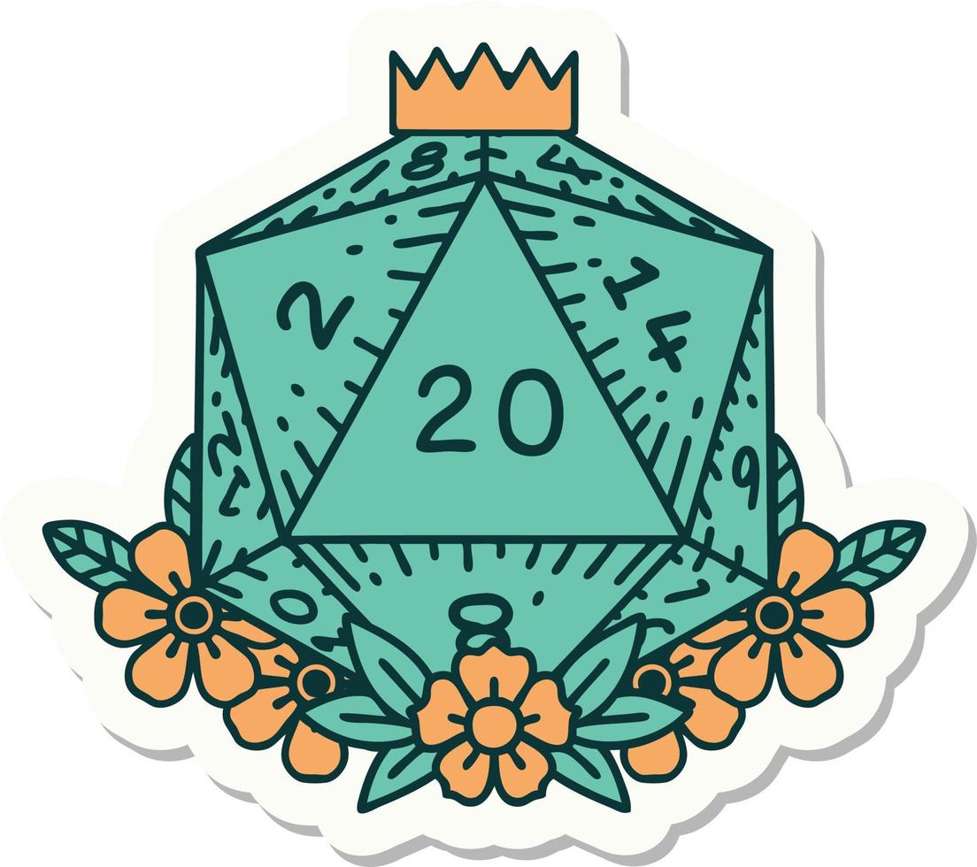 sticker of a natural 20 D20 dice roll with floral elements vector