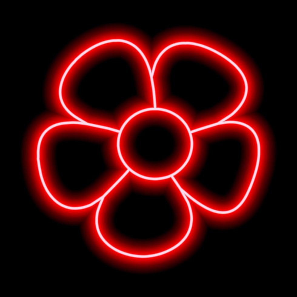 Neon red flower with petals on a black background. Simple illustration vector