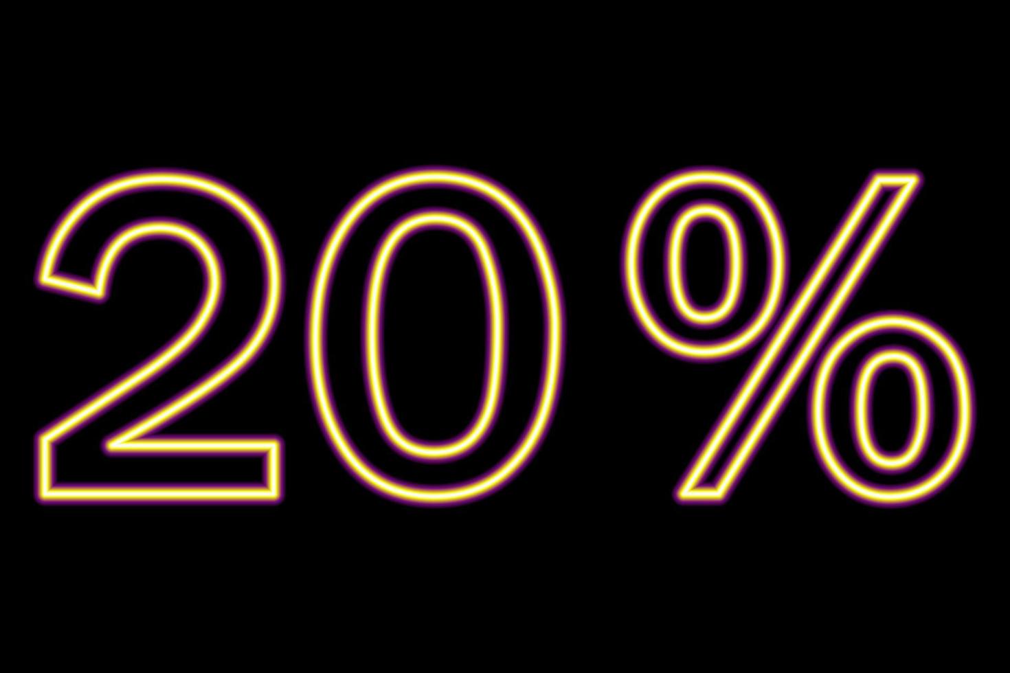 20 percent inscription on a black background. Yellow line in neon style. vector