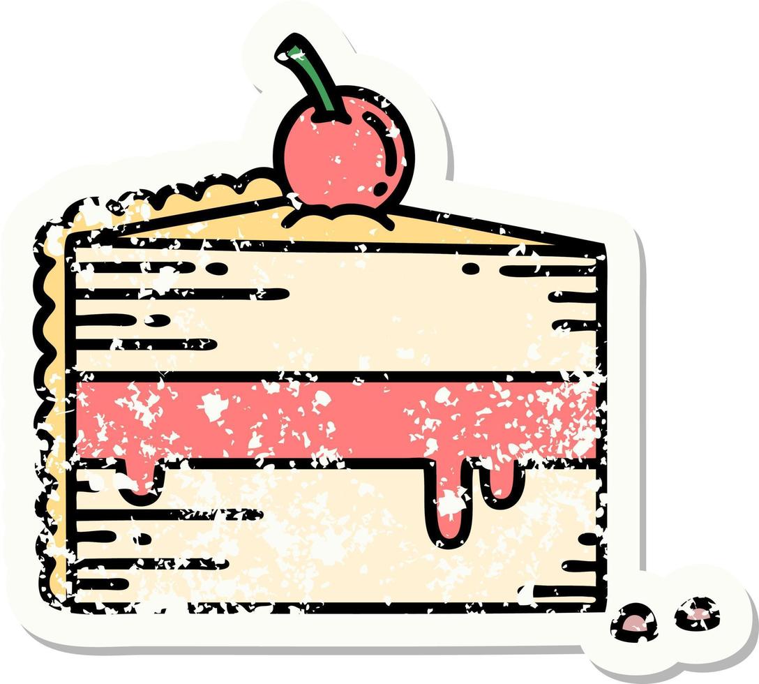 distressed sticker tattoo in traditional style of a slice of cake vector
