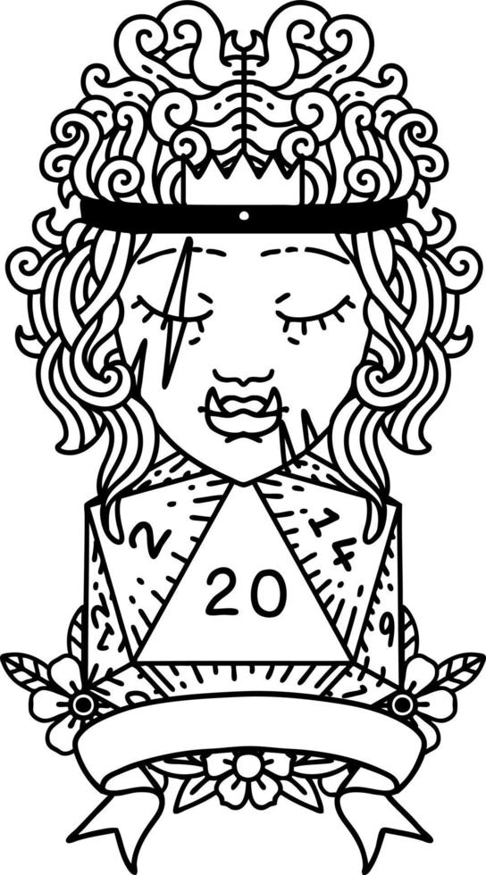 Black and White Tattoo linework Style half orc barbarian character with natural 20 dice roll vector