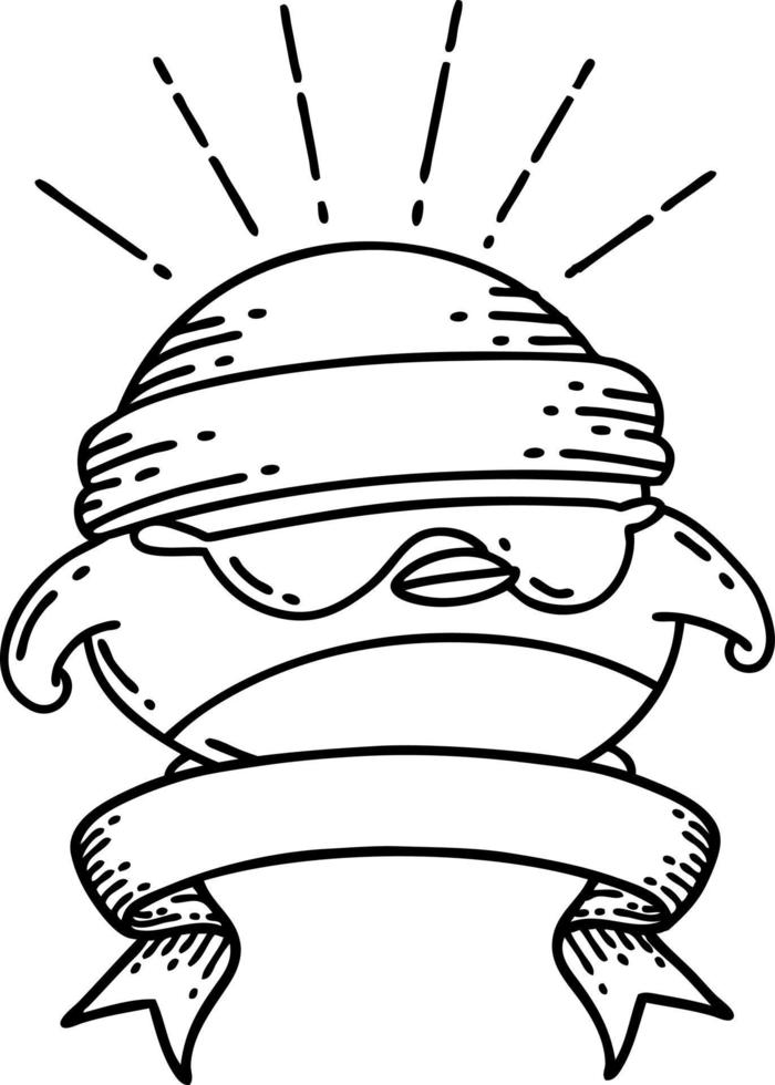 scroll banner with black line work tattoo style cool robin vector