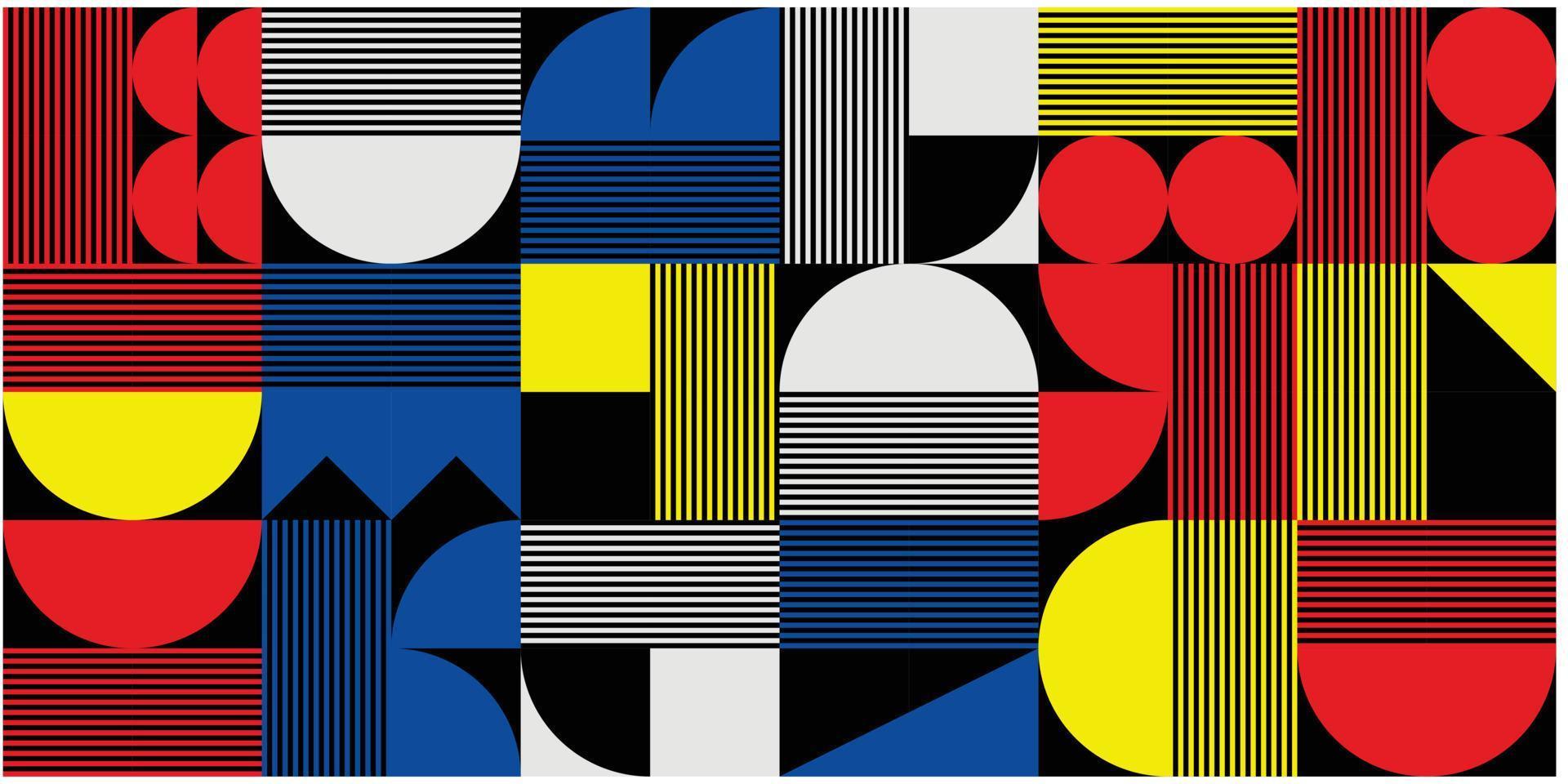 fondo geométrico colorido con el negro como color base, con círculos, triángulos y rectángulos formando un patrón único. fondo abstracto. diseño plano sencillo, vector