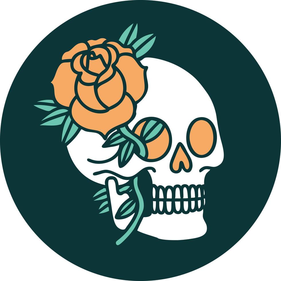 imagen icónica de estilo tatuaje de una calavera y una rosa vector