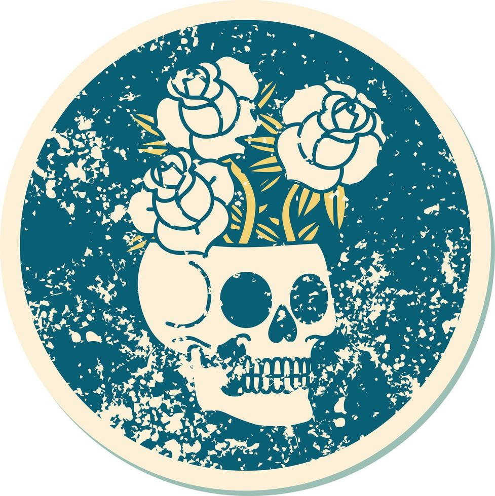 iconic distressed sticker tattoo style image of a skull and roses vector