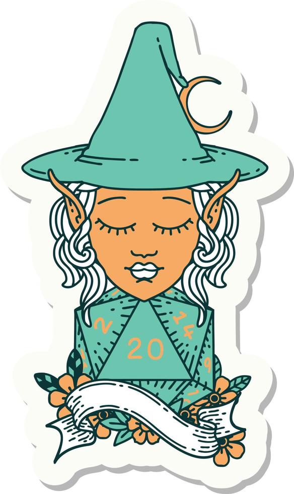 sticker of a elf mage character with natural twenty dice roll vector
